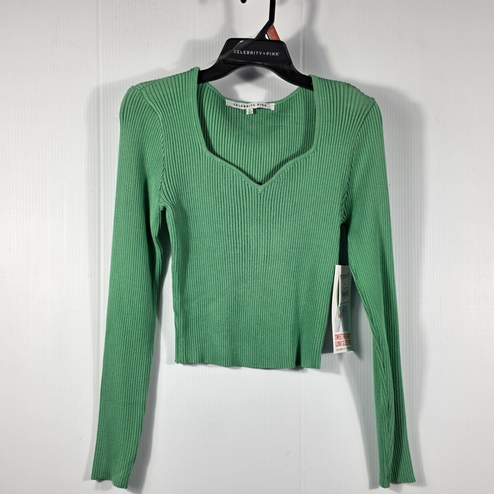 Celebrity Pink Womens Sweetheart Neck Ribbed Long Sleeve Cropped Top Green SizeM - Picture 5 of 10